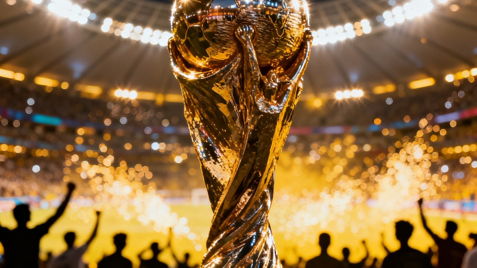 2026年美加墨世界杯冠军奖杯在现代化体育场中央熠熠生辉，背景是璀璨的灯光和欢呼的人群剪影